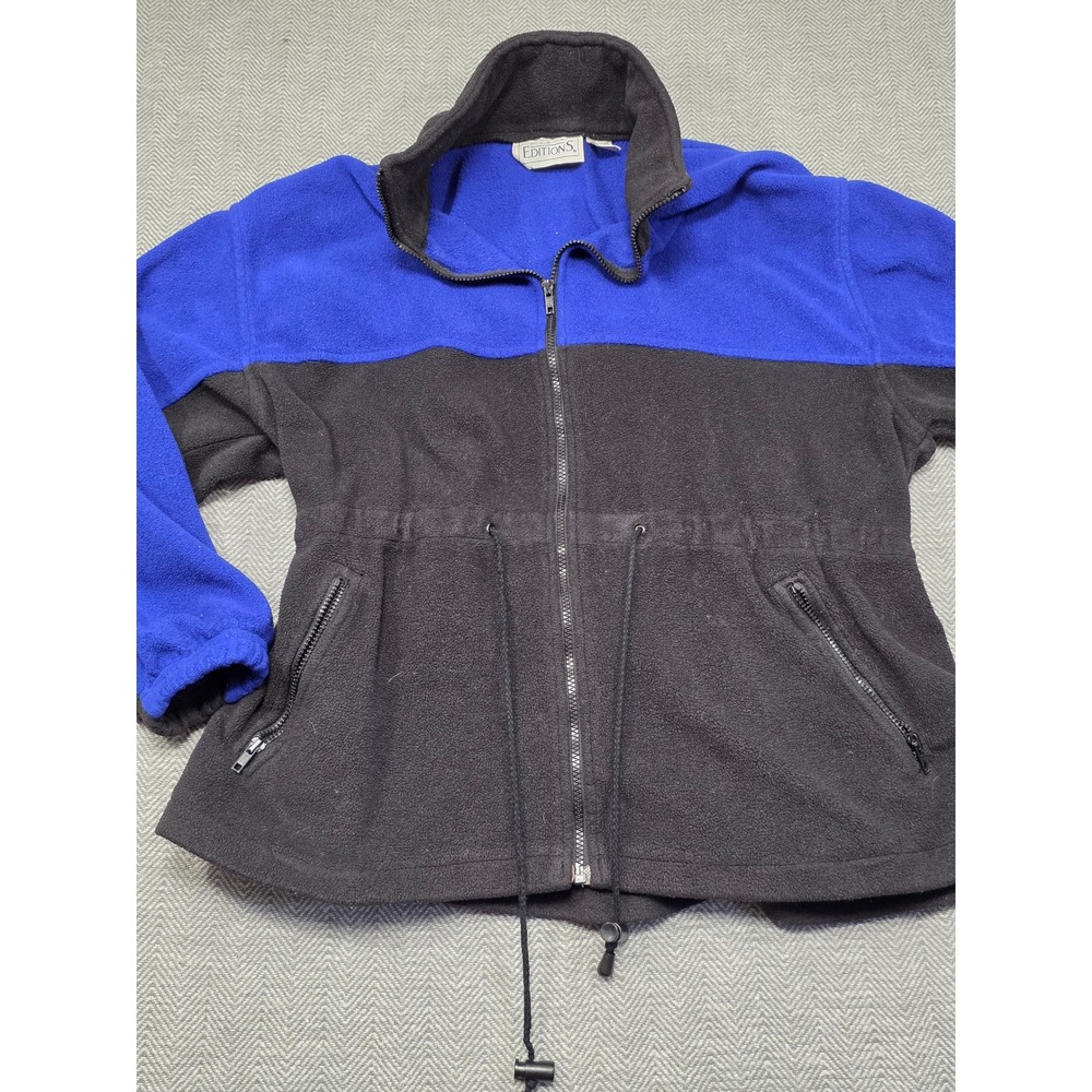 Basic Editions Blue Black Colorblock Fleece Jacket Full Zip Drawstring Large - Picture 8 of 9